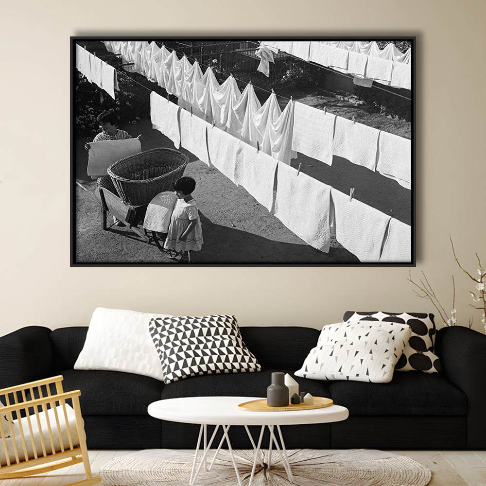 Woman Hanging Laundry Black and White Art Laundry Room Decor, Floating Framed Canvas Print