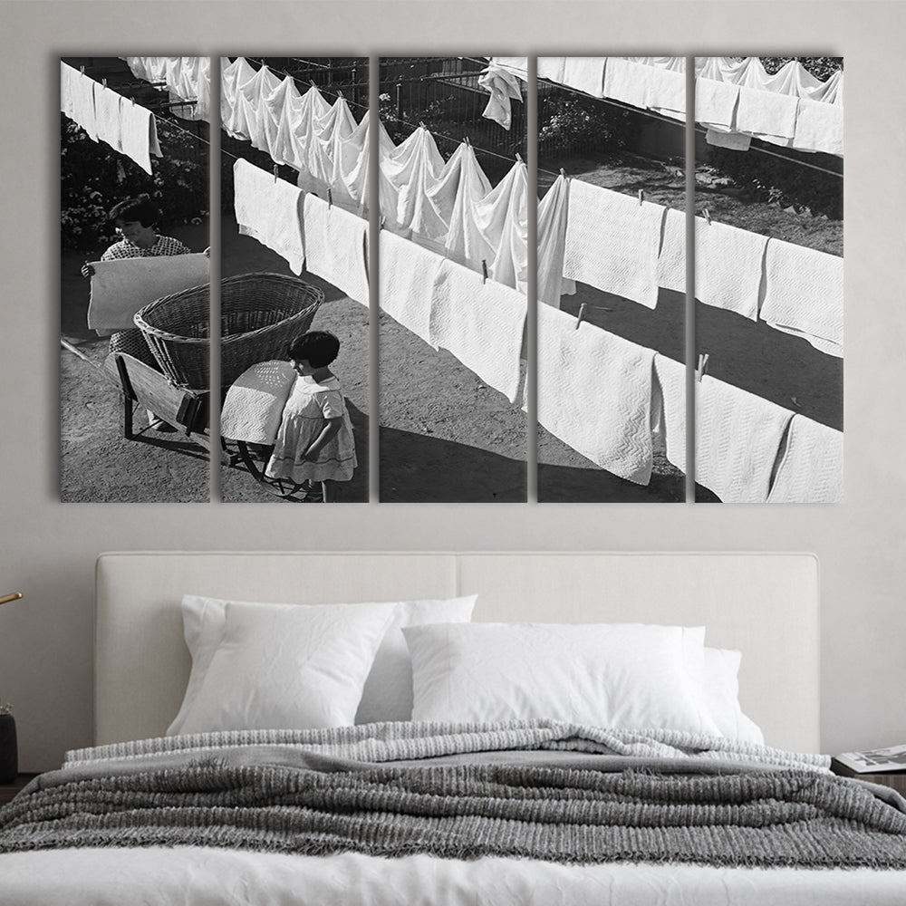 Woman Hanging Laundry Black and White Art Laundry Room Decor, 5 Pieces Large Canvas Print