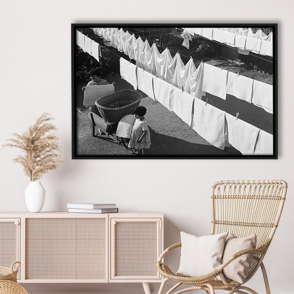 Woman Hanging Laundry Black and White Art Laundry Room Decor, Floating Framed Canvas Print
