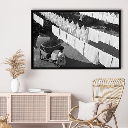 Woman Hanging Laundry Black and White Art Laundry Room Decor, Floating Framed Canvas Print