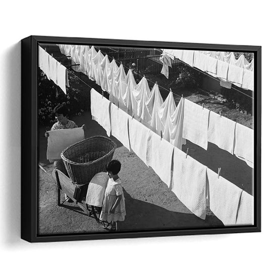 Woman Hanging Laundry Black and White Art Laundry Room Decor, Floating Framed Canvas Print