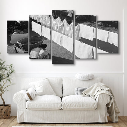 Woman Hanging Laundry Black and White Art Laundry Room Decor, Mixed 5 Pieces Canvas Print