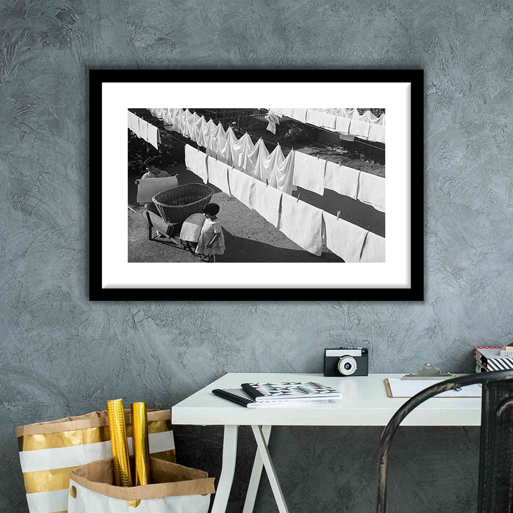 Woman Hanging Laundry Black and White Art Laundry Room Decor, Framed Art Print White Border Wall Decor
