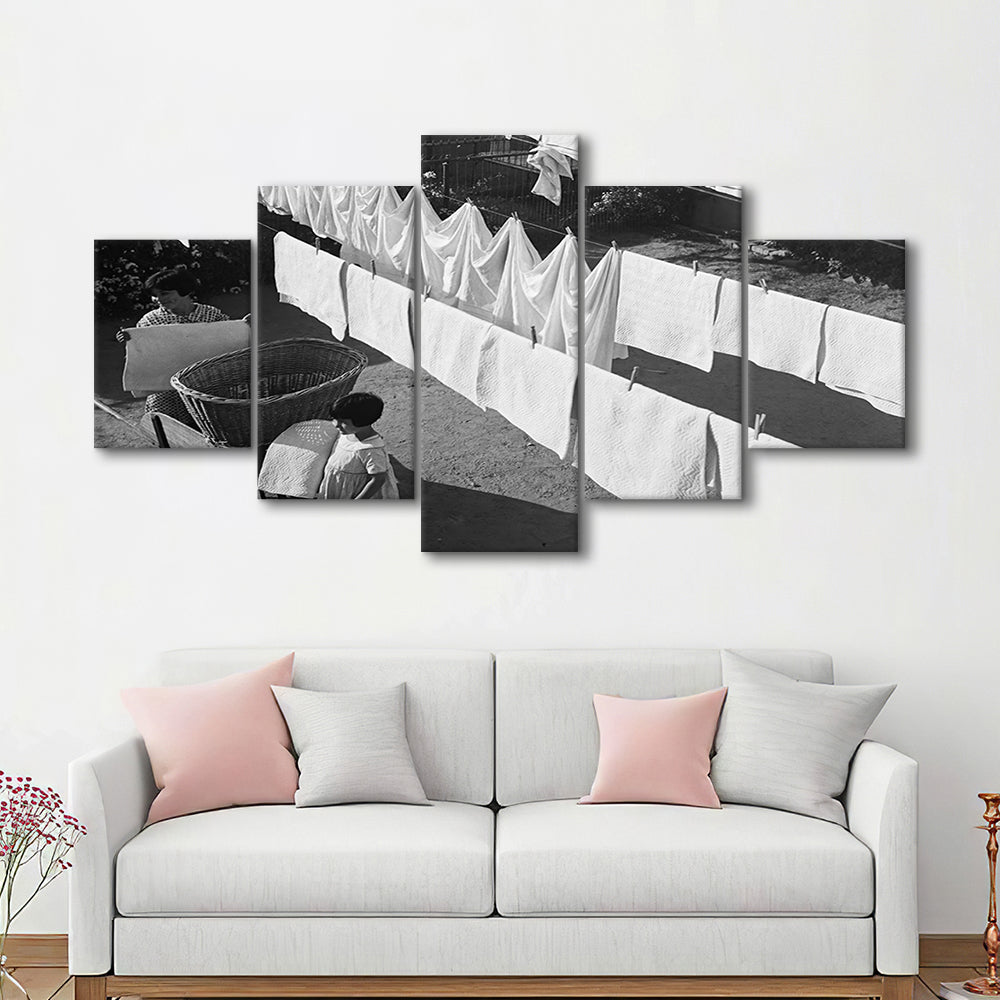 Woman Hanging Laundry Black and White Art Laundry Room Decor, Mixed 5 Pieces Canvas Print