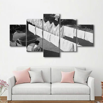Woman Hanging Laundry Black and White Art Laundry Room Decor, Mixed 5 Pieces Canvas Print