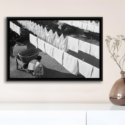 Woman Hanging Laundry Black and White Art Laundry Room Decor, Floating Framed Canvas Print