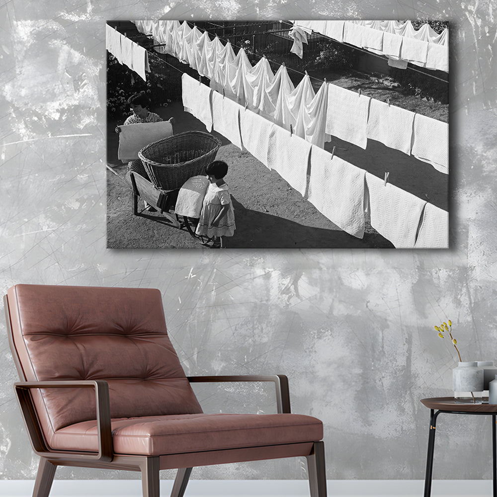 Woman Hanging Laundry Black and White Art Laundry Room Decor, Canvas Print Wall Art Decor
