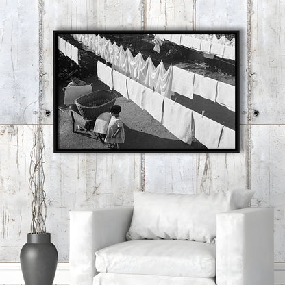 Woman Hanging Laundry Black and White Art Laundry Room Decor, Floating Framed Canvas Print