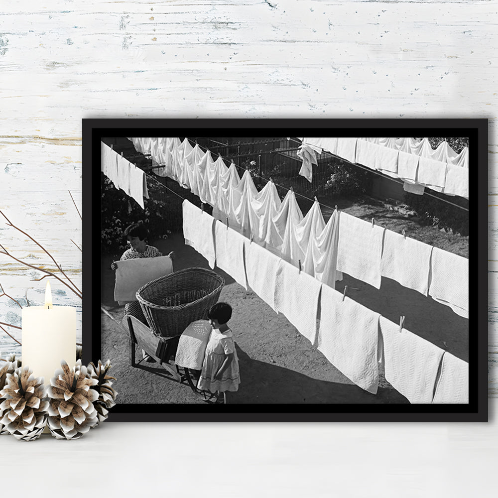 Woman Hanging Laundry Black and White Art Laundry Room Decor, Floating Framed Canvas Print