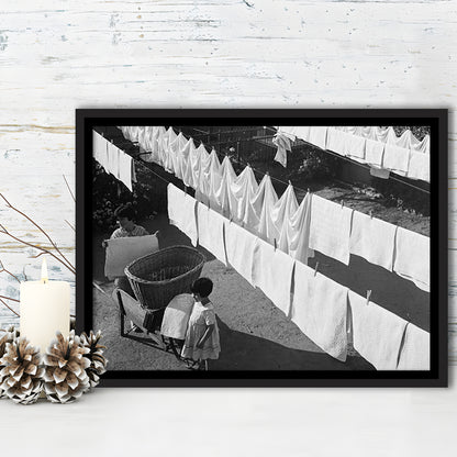 Woman Hanging Laundry Black and White Art Laundry Room Decor, Floating Framed Canvas Print