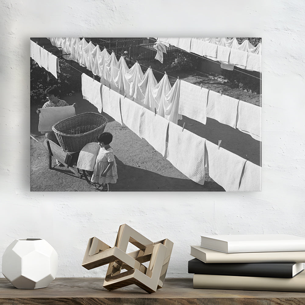 Woman Hanging Laundry Black and White Art Laundry Room Decor, Canvas Print Wall Art Decor
