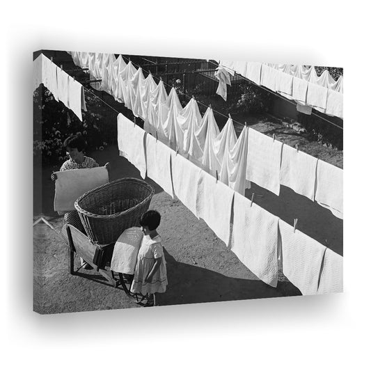 Woman Hanging Laundry Black and White Art Laundry Room Decor, Canvas Print Wall Art Decor