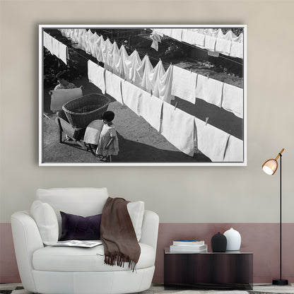 Woman Hanging Laundry Black and White Art Laundry Room Decor, Floating Framed Canvas Print