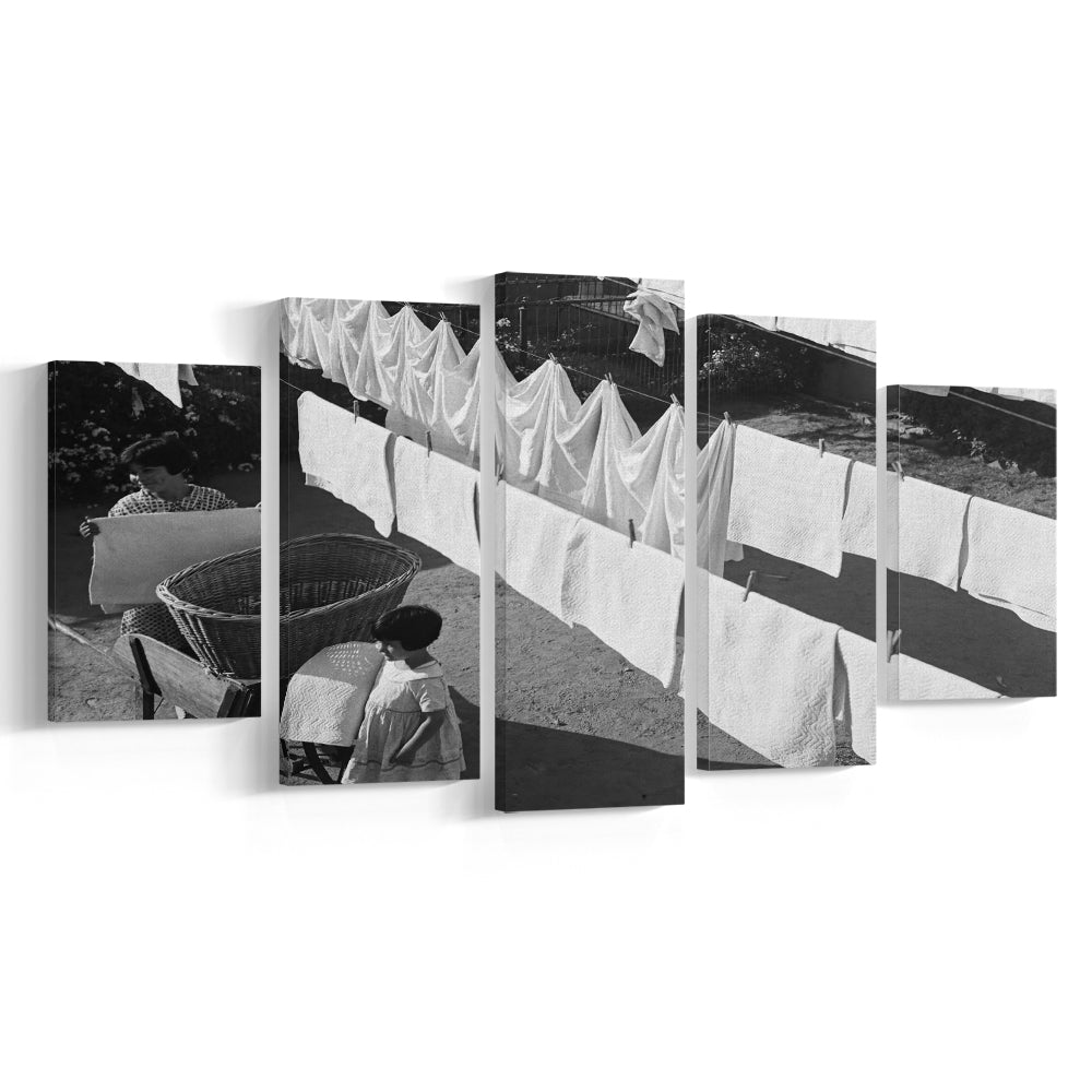 Woman Hanging Laundry Black and White Art Laundry Room Decor, Mixed 5 Pieces Canvas Print
