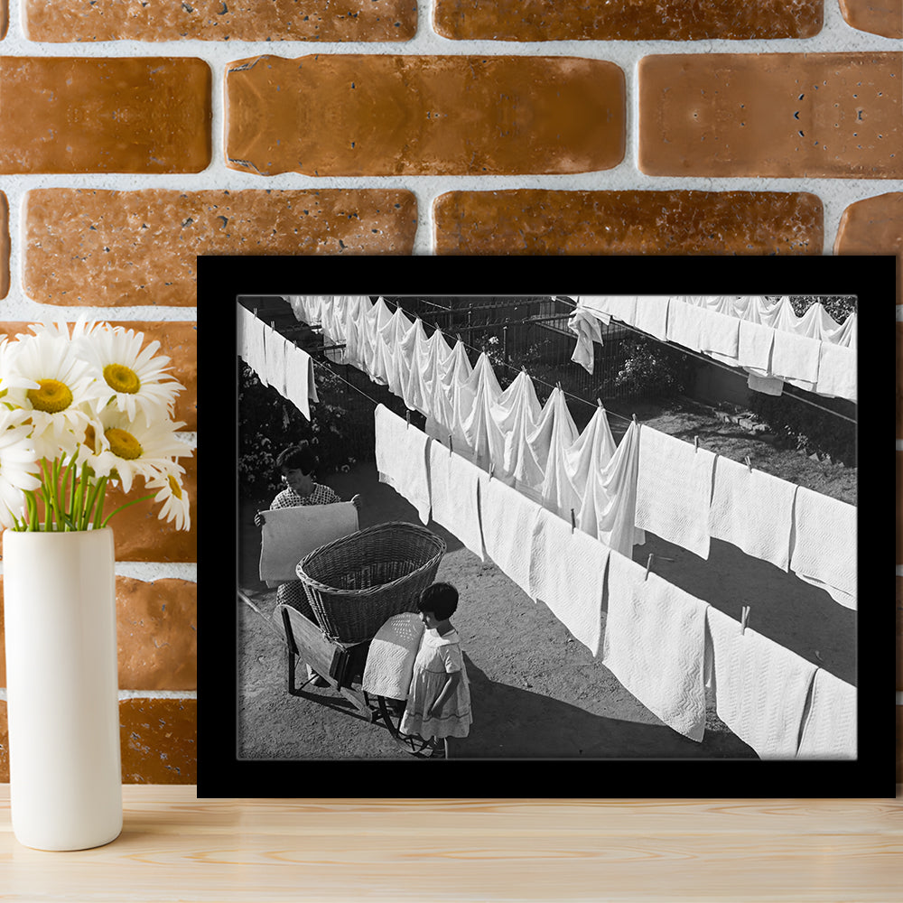 Woman Hanging Laundry Black and White Art Laundry Room Decor, Framed Art Print Wall Decor