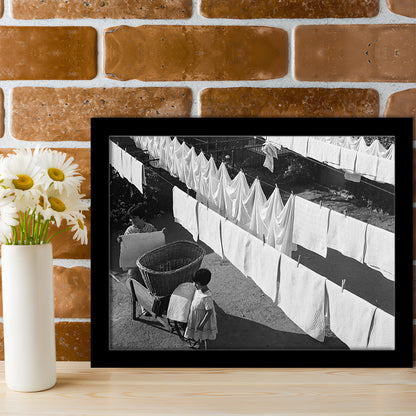 Woman Hanging Laundry Black and White Art Laundry Room Decor, Framed Art Print Wall Decor