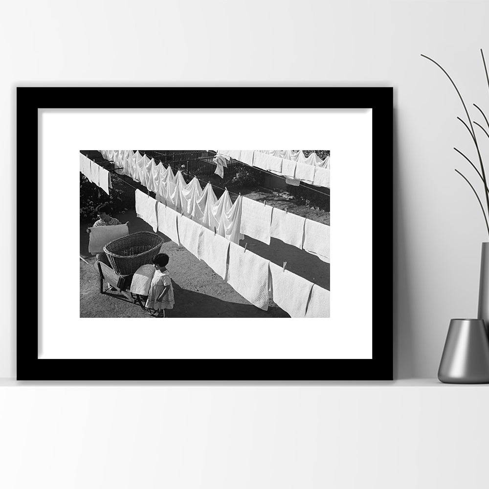 Woman Hanging Laundry Black and White Art Laundry Room Decor, Framed Art Print White Border Wall Decor
