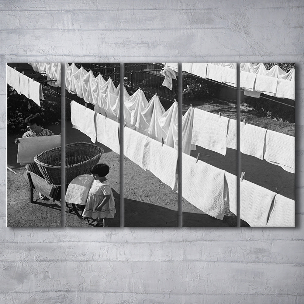 Woman Hanging Laundry Black and White Art Laundry Room Decor, 5 Pieces Large Canvas Print
