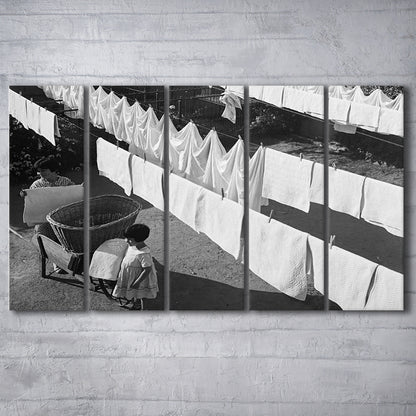Woman Hanging Laundry Black and White Art Laundry Room Decor, 5 Pieces Large Canvas Print