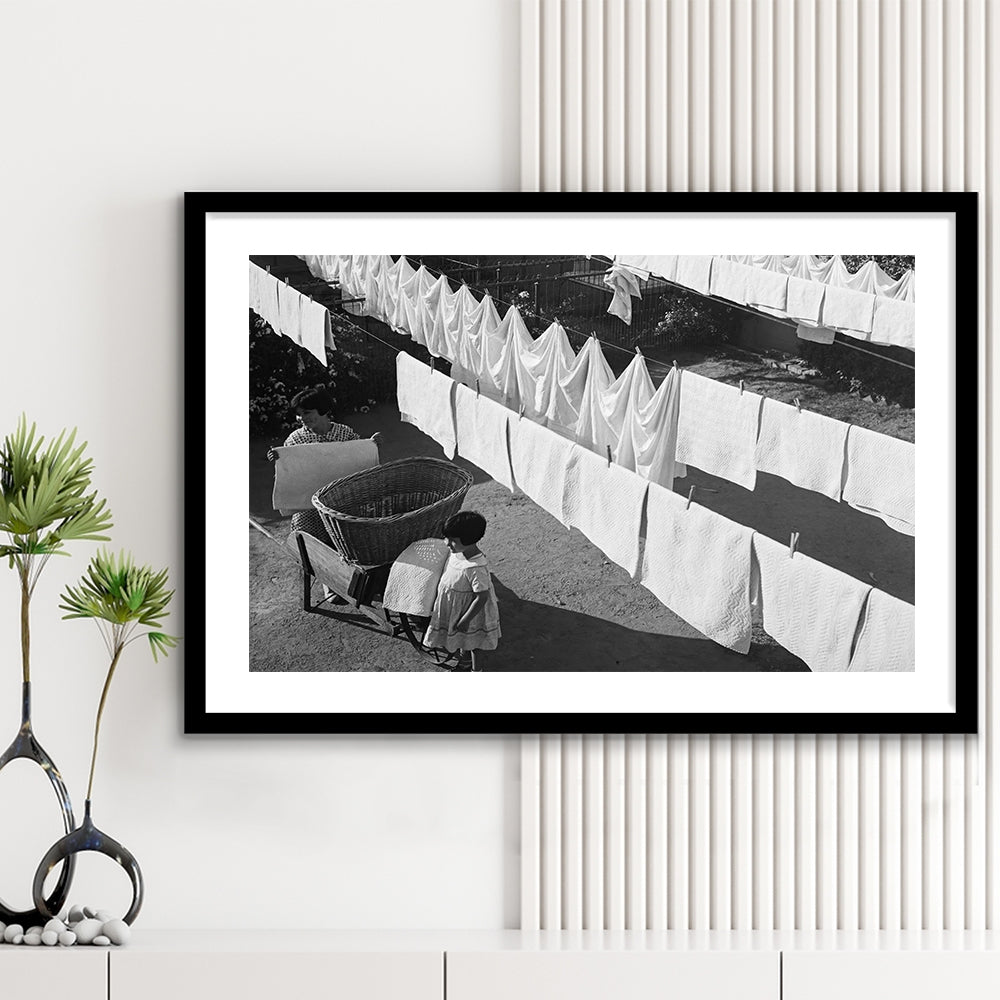 Woman Hanging Laundry Black and White Art Laundry Room Decor, Framed Art Print White Border Wall Decor