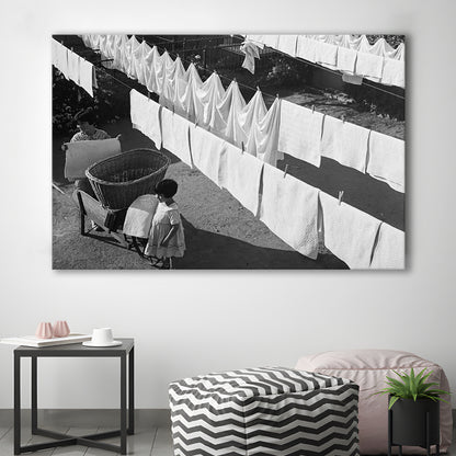 Woman Hanging Laundry Black and White Art Laundry Room Decor, Canvas Print Wall Art Decor