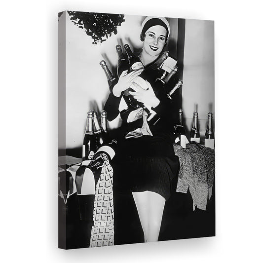 Woman Holding Champagne Bottles Canvas Print Wall Art, Black and White, Vintage Lady Wine, Alcohol Art, Retro Wall Decor
