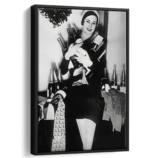 Woman Holding Champagne Bottles Framed Canvas Print Wall Art, Black and White, Vintage Lady Wine, Alcohol Art