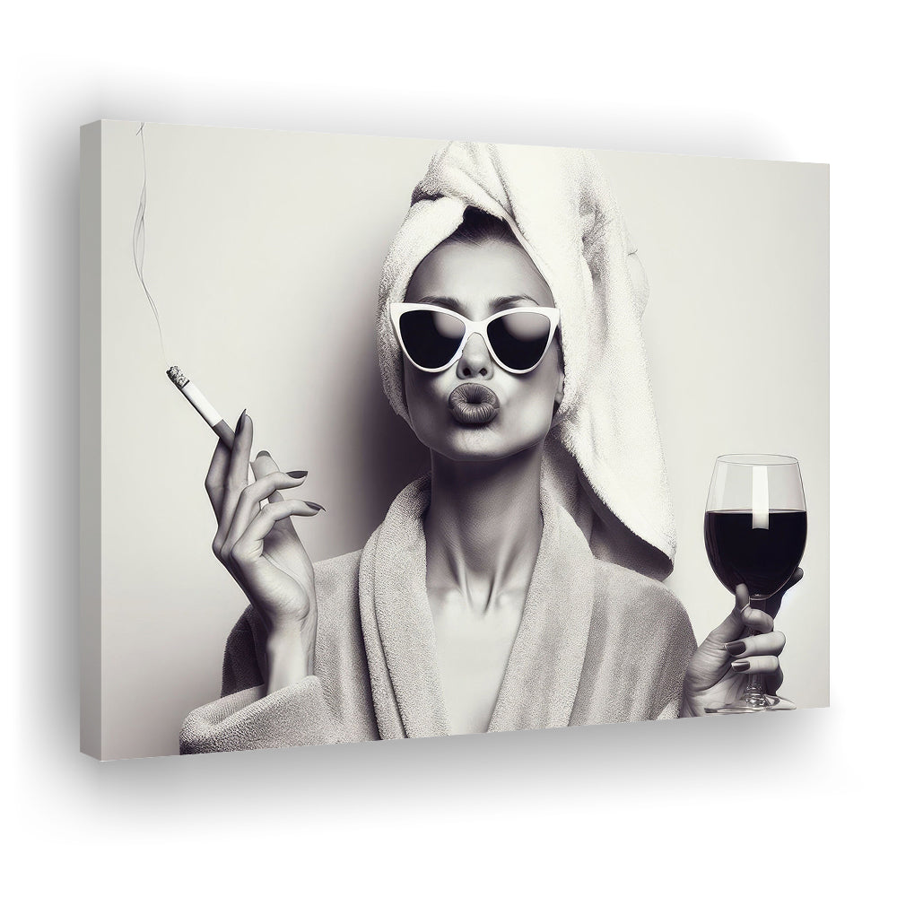 Woman In Bathrobe Print, Vintage Woman Smoking and Drinking Wine Art, Black and White, Bathroom Canvas Print Wall Art