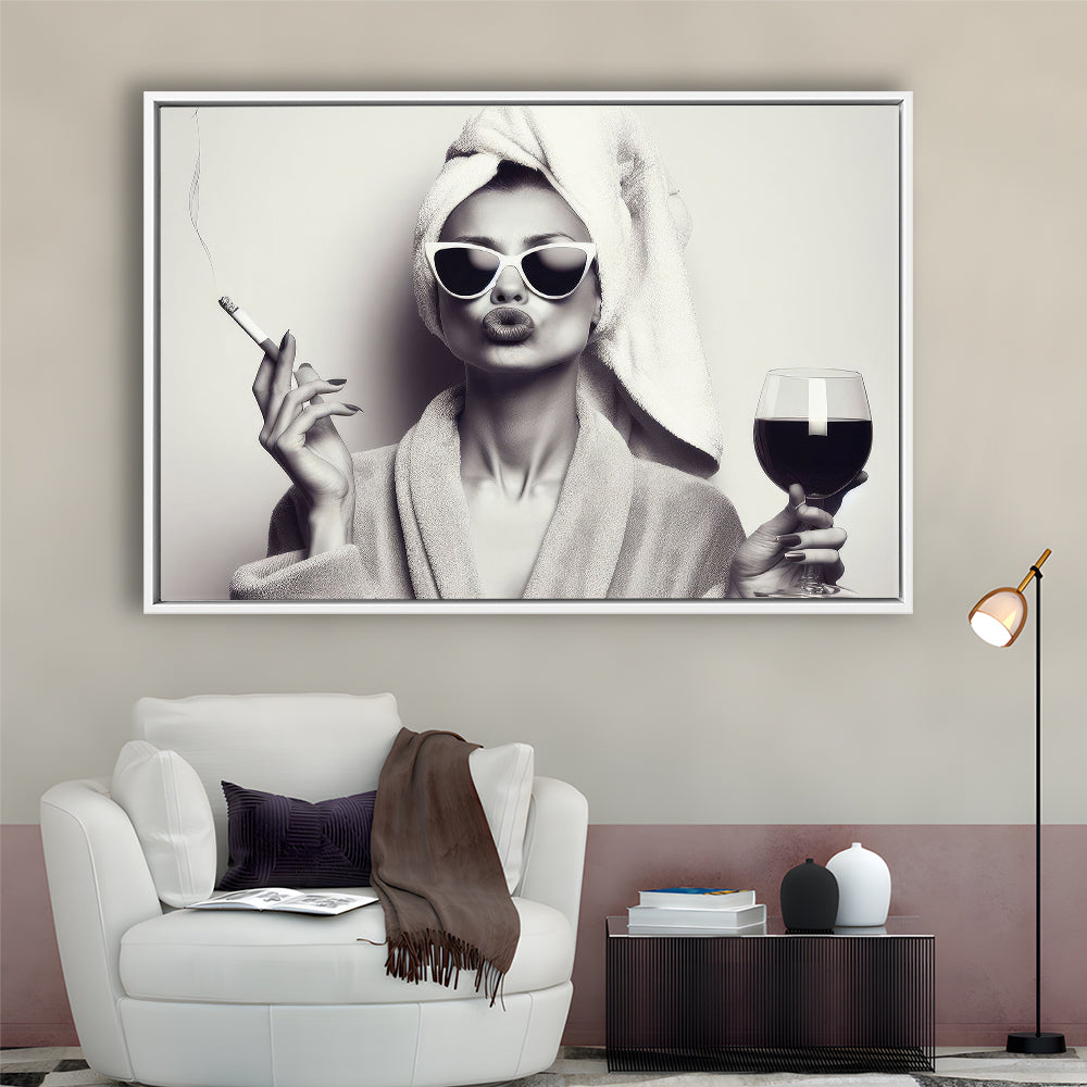 Woman In Bathrobe Art, Vintage Woman Smoking and Drinking Wine Art, Black and White, Bathroom Framed Canvas Print Wall Art