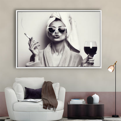 Woman In Bathrobe Art, Vintage Woman Smoking and Drinking Wine Art, Black and White, Bathroom Framed Canvas Print Wall Art