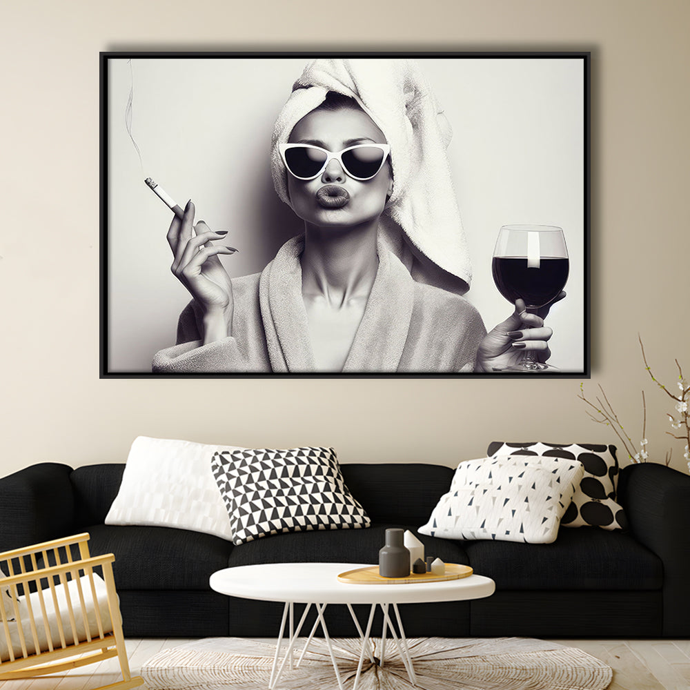 Woman In Bathrobe Art, Vintage Woman Smoking and Drinking Wine Art, Black and White, Bathroom Framed Canvas Print Wall Art