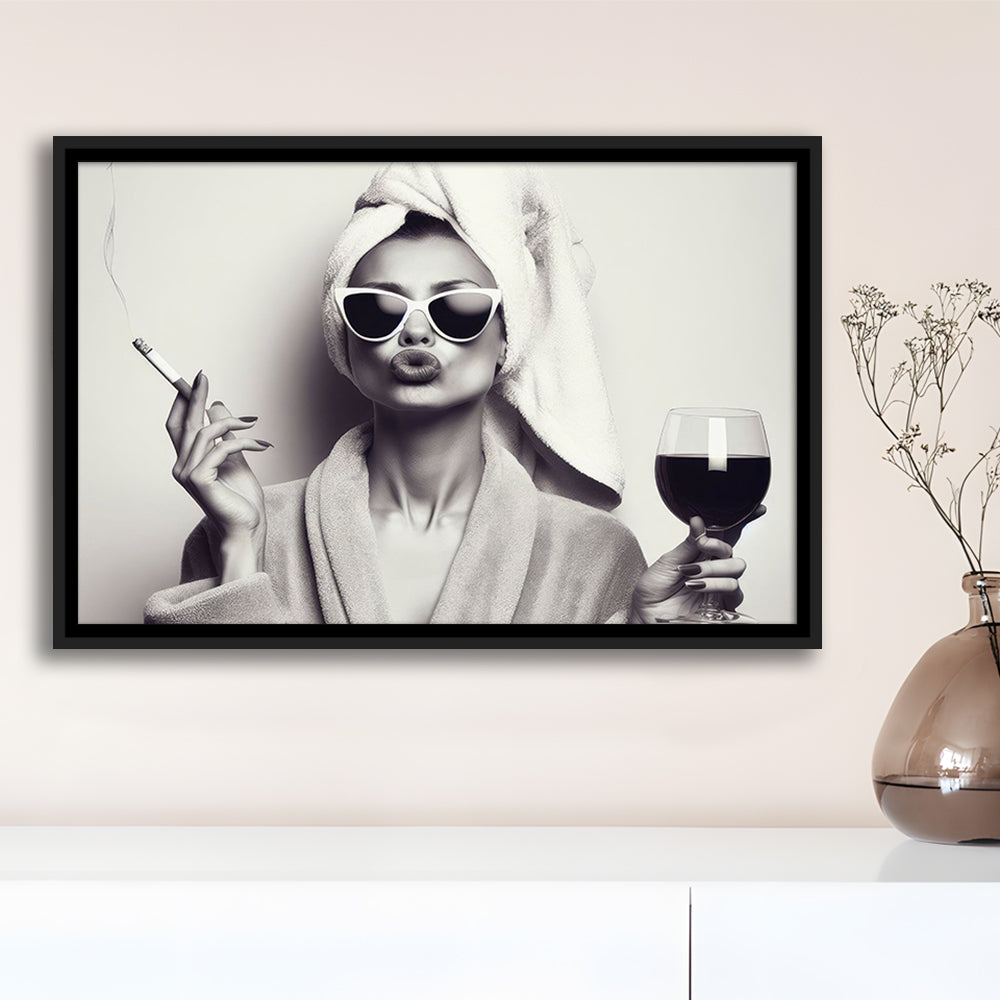 Woman In Bathrobe Art, Vintage Woman Smoking and Drinking Wine Art, Black and White, Bathroom Framed Canvas Print Wall Art