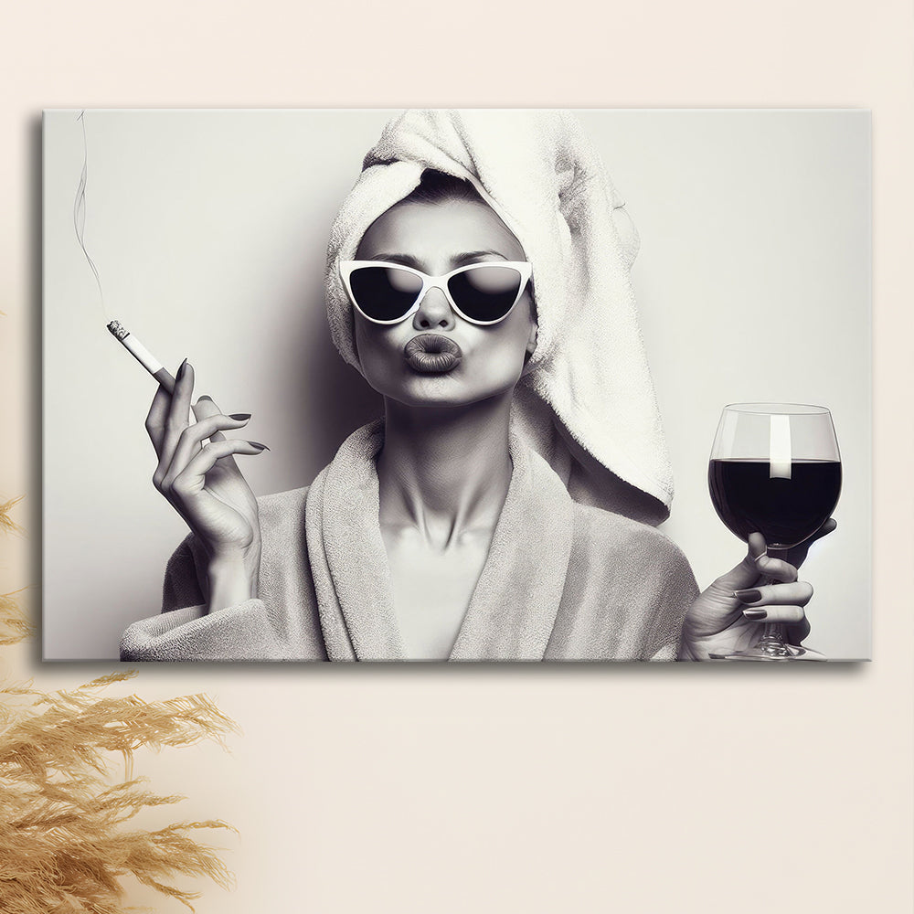 Woman In Bathrobe Print, Vintage Woman Smoking and Drinking Wine Art, Black and White, Bathroom Canvas Print Wall Art