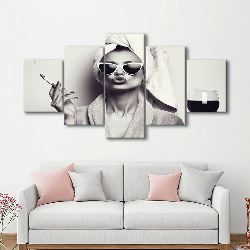 Woman In Bathrobe Art, Vintage Woman Smoking and Drinking Wine Art, Black and White, Bathroom Mixed Canvas Print Wall Art