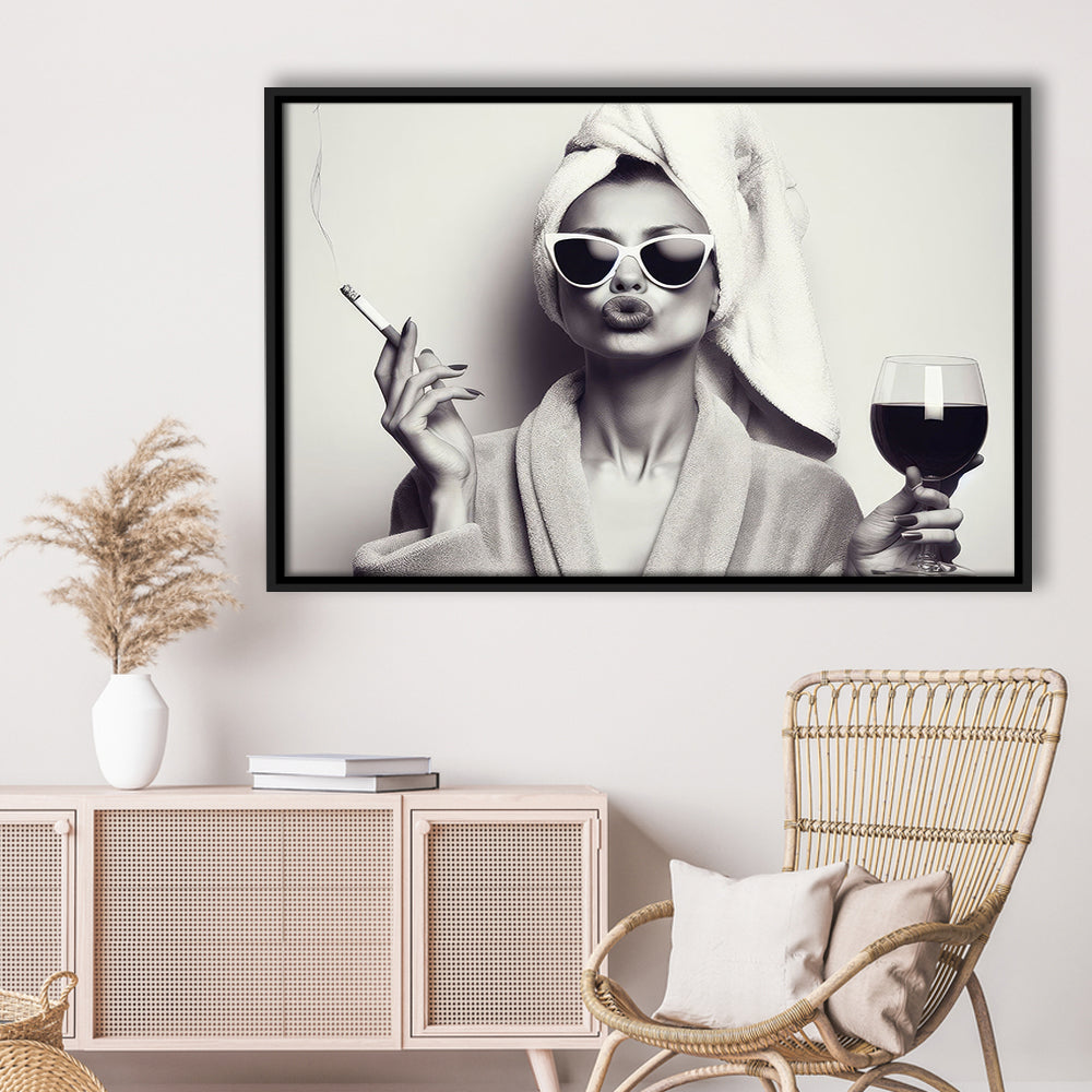 Woman In Bathrobe Art, Vintage Woman Smoking and Drinking Wine Art, Black and White, Bathroom Framed Canvas Print Wall Art