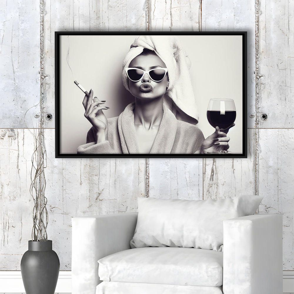 Woman In Bathrobe Art, Vintage Woman Smoking and Drinking Wine Art, Black and White, Bathroom Framed Canvas Print Wall Art
