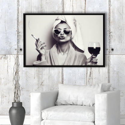 Woman In Bathrobe Art, Vintage Woman Smoking and Drinking Wine Art, Black and White, Bathroom Framed Canvas Print Wall Art