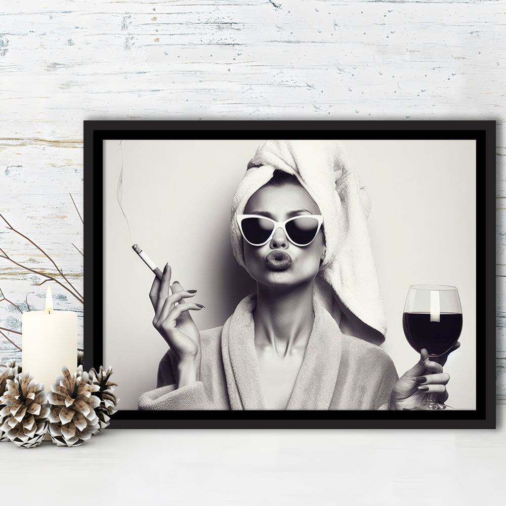 Woman In Bathrobe Art, Vintage Woman Smoking and Drinking Wine Art, Black and White, Bathroom Framed Canvas Print Wall Art