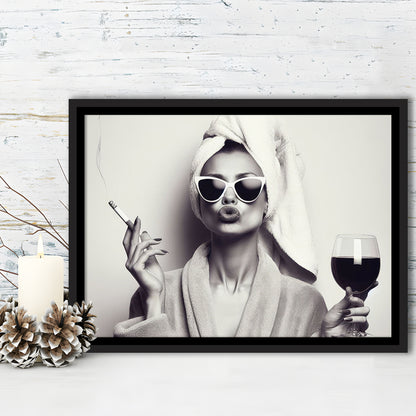 Woman In Bathrobe Art, Vintage Woman Smoking and Drinking Wine Art, Black and White, Bathroom Framed Canvas Print Wall Art