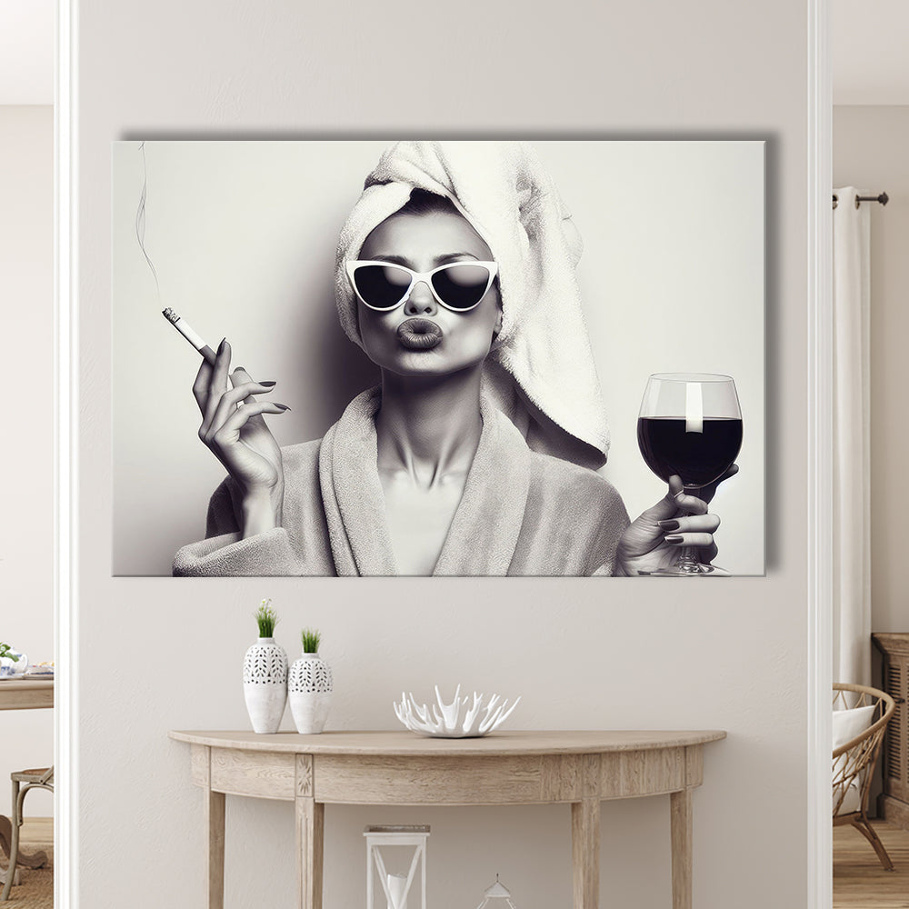 Woman In Bathrobe Print, Vintage Woman Smoking and Drinking Wine Art, Black and White, Bathroom Canvas Print Wall Art