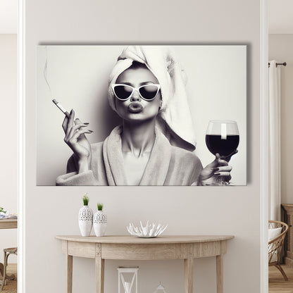 Woman In Bathrobe Print, Vintage Woman Smoking and Drinking Wine Art, Black and White, Bathroom Canvas Print Wall Art
