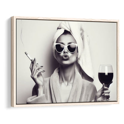 Woman In Bathrobe Art, Vintage Woman Smoking and Drinking Wine Art, Black and White, Bathroom Framed Canvas Print Wall Art
