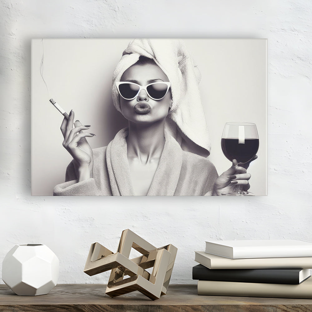Woman In Bathrobe Print, Vintage Woman Smoking and Drinking Wine Art, Black and White, Bathroom Canvas Print Wall Art