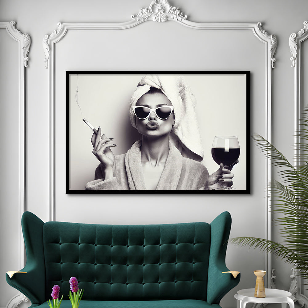 Woman In Bathrobe Art, Vintage Woman Smoking and Drinking Wine Art, Black and White, Bathroom Framed Art Print Wall Decor