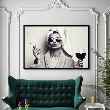 Woman In Bathrobe Art, Vintage Woman Smoking and Drinking Wine Art, Black and White, Bathroom Framed Art Print Wall Decor
