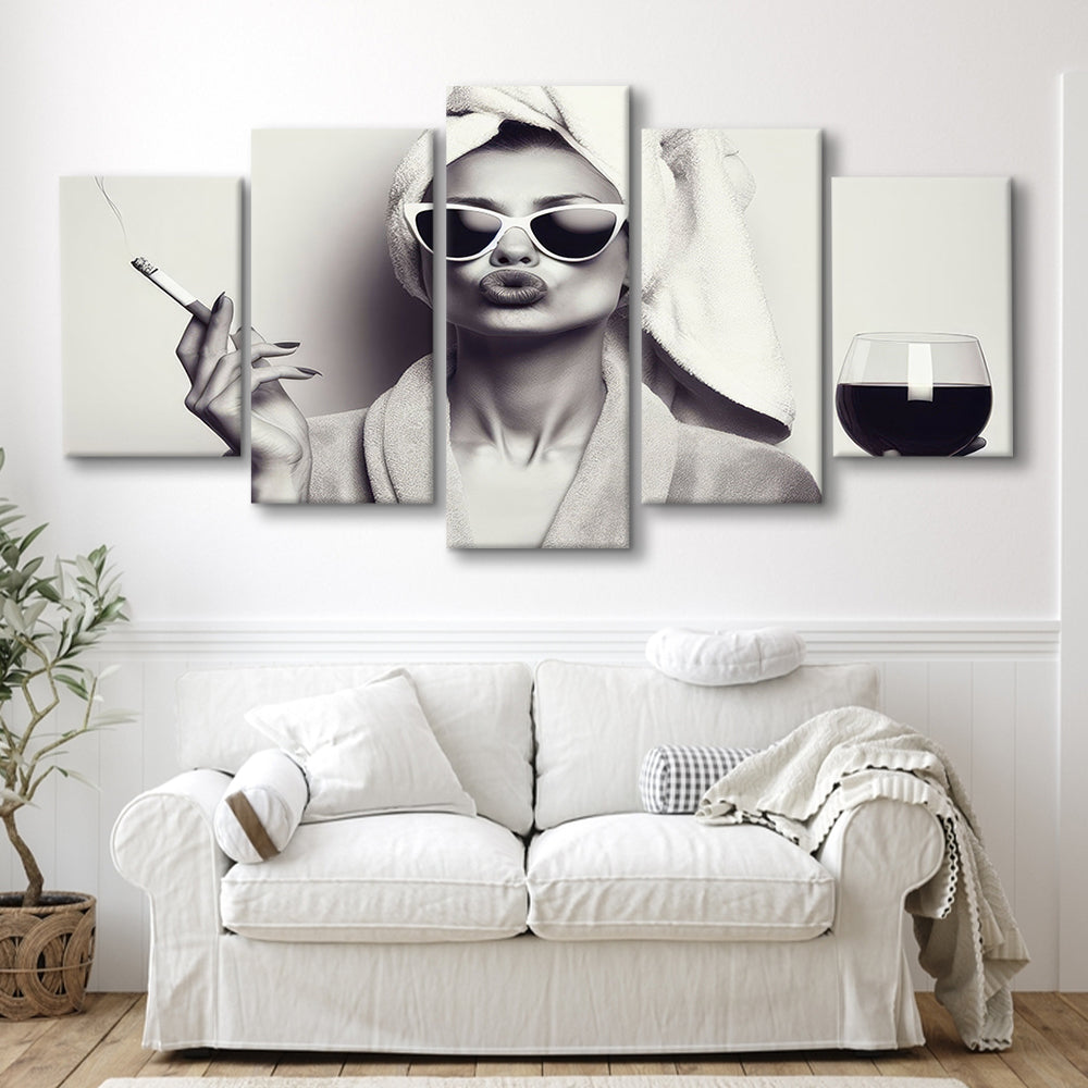 Woman In Bathrobe Art, Vintage Woman Smoking and Drinking Wine Art, Black and White, Bathroom Mixed Canvas Print Wall Art