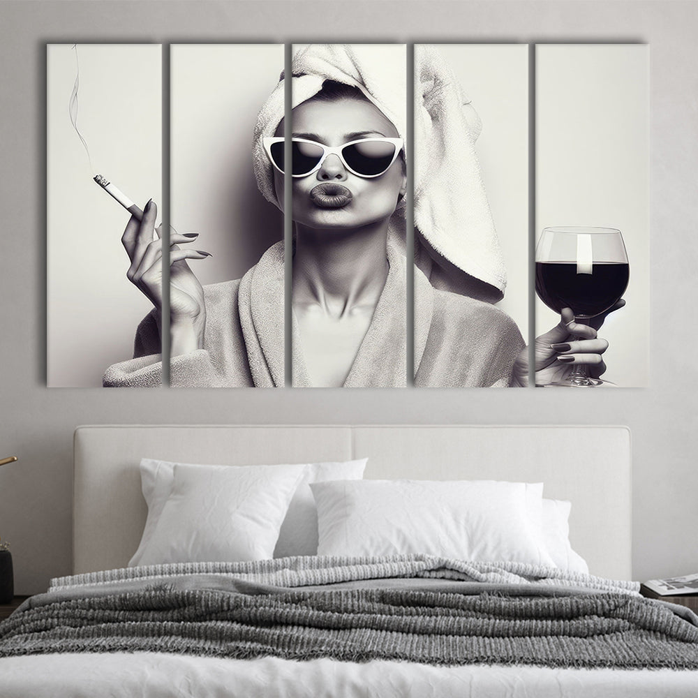 Woman In Bathrobe Art, Vintage Woman Smoking and Drinking Wine Art, Black and White, Extra Large Canvas Print