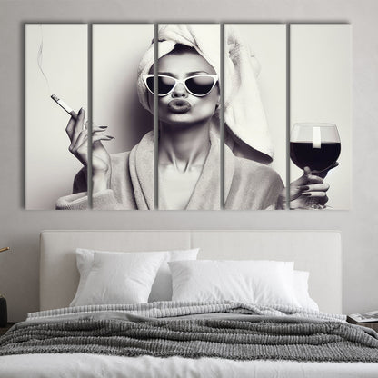 Woman In Bathrobe Art, Vintage Woman Smoking and Drinking Wine Art, Black and White, Extra Large Canvas Print