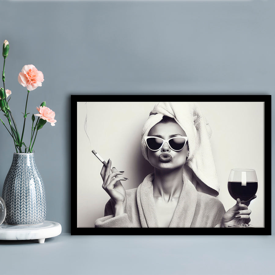 Woman In Bathrobe Art, Vintage Woman Smoking and Drinking Wine Art, Black and White, Bathroom Framed Art Print Wall Decor