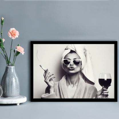 Woman In Bathrobe Art, Vintage Woman Smoking and Drinking Wine Art, Black and White, Bathroom Framed Art Print Wall Decor